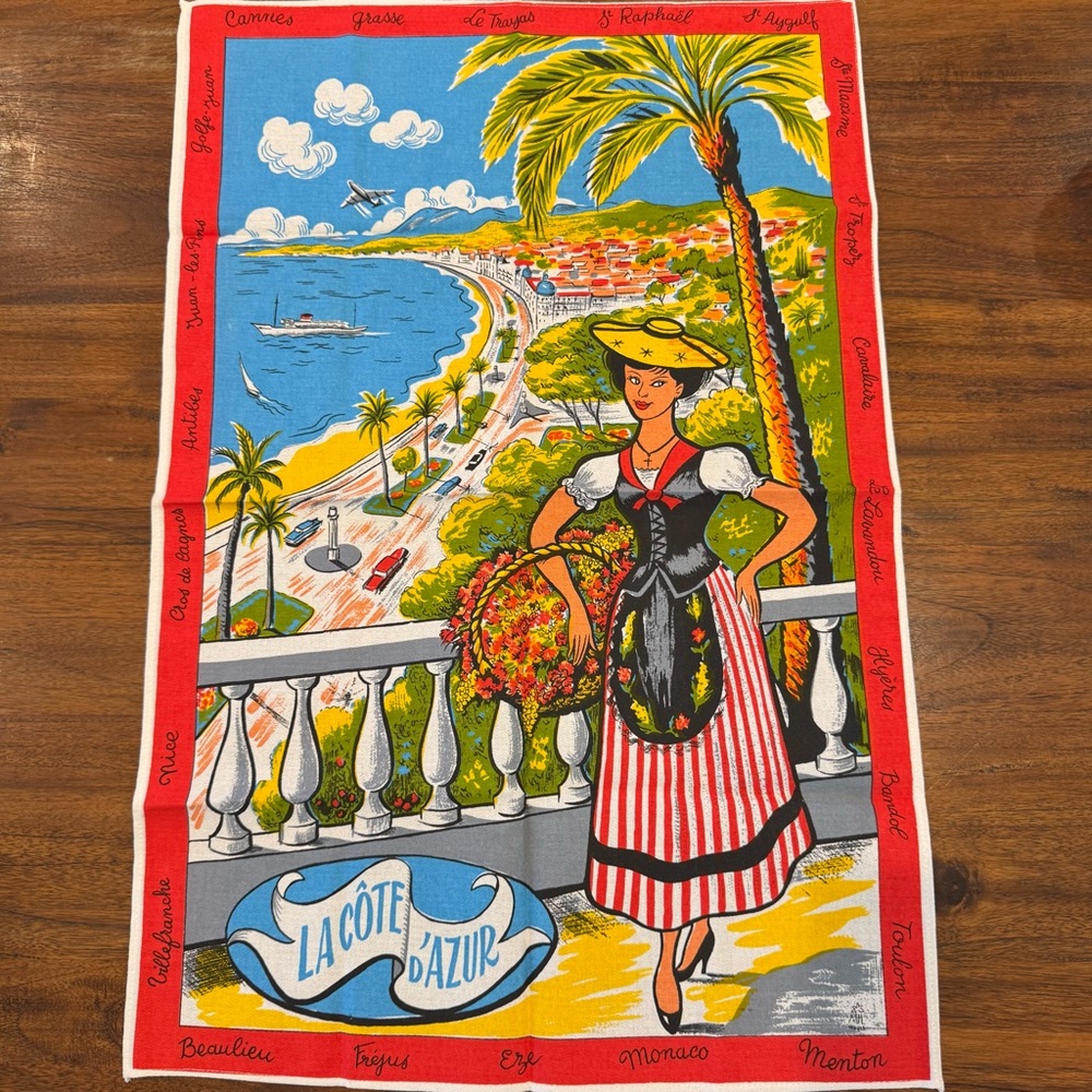 Vintage Tea Towel French Riviera Canvas Travel La Cote D'Azur 1960s NOS